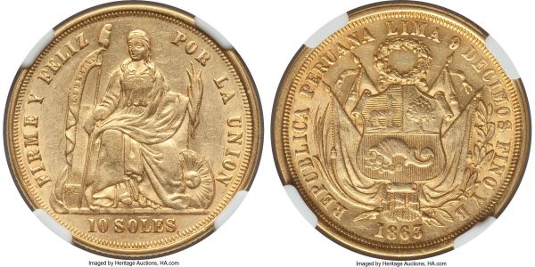 Lot 32702 > Republic gold 10 Soles 1863 LIMA-YB AU58 NGC, Lima mint, KM193. Light wear to the higher points with nearly full luster residing in the fields. 