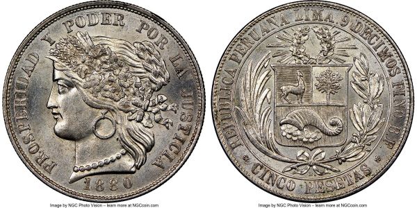 Lot 32703 > Republic 5 Pesetas 1880 B-BF MS64 NGC, Lima mint, KM201.2. Variety with dot after B. Fully satin in the fields with bold luster and not the least trace of tone. 