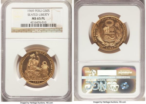 Lot 32705 > Republic gold 50 Soles 1969 MS65 Prooflike NGC, Lima mint, KM230. Mintage: 443. The lowest mintage date for the type, gem uncirculated and highly Prooflike. AGW 0.6772 oz. 