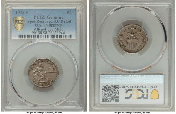 Lot 32707 > USA Administration Mule 5 Centavos 1918-S AU Details (Spot Removed) PCGS, San Francisco mint, KM173, Basso-113a, Allen-4.08b. Pairing the obverse die of a 5 Centavos with the reverse die of a 20 Centavos. One of the most desirable mules of the Philippine series, reportedly produced due to a lack of serviceable 5 Centavos reverse dies at the San Francisco mint. 