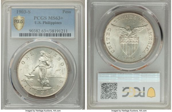 Lot 32708 > USA Administration Peso 1903-S MS63+ PCGS, San Francisco mint, KM168. Choice, with sufficient cartwheel luster and only lightly scattered handling to result in a degree of visual allure that places the offering among the better examples of the issue. 