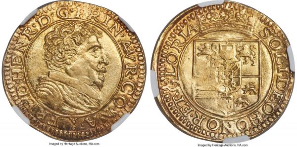 Lot 30271 > Orange. Frederick Henry gold 2 Pistole (4 Ecu d'Or) ND (1625-1647) MS61 NGC, KM73, Fr-196. 13.24gm. Noted in the Standard Catalog of World Coins as having been struck in 1641. Perhaps the finest extant example of this rare type, in commendable quality compared to the usual. Reflective fields grace the surfaces, every curl on the obverse portrait outlined in sharp detail. 