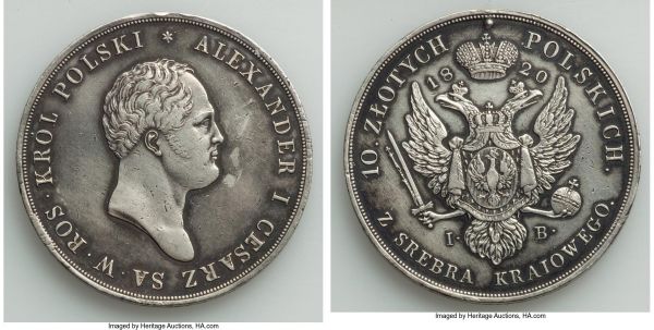 Lot 32710 > Alexander I of Russia 10 Zlotych 1820-IB XF (Cleaned, Mount Removed, Edge Engraved),  Warsaw mint, KM-C101.1, Dav-248, Bit-819 (R). 39mm. 30.90gm. Mintage: 534. Engraved in script on the edge, appearing to be: Wa Mi To Frid • 28 • Wrzesnia Roku 1818. A very rare type from the period of Russian dominance in Poland, likely preserved as a pocket piece by one of its previous owners. Much more attainable in this state, and of great historical interest. 