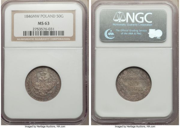 Lot 32711 > Nicholas I of Russia 50 Groszy (25 Kopecks) 1846 MS63 NGC, Warsaw mint, KM-C131, Kop-9488, Bit-1252. The second highest grade awarded for this date at NGC, and quite the conditional rarity as such, a beautiful autumnal orange hue developing across the surfaces. 