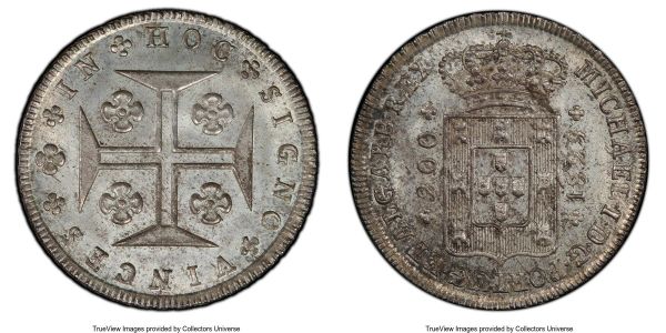 Lot 32716 > Miguel 200 Reis 1829 MS65 PCGS, KM392. The scarcer date of this only two-year type from this short-reigning Portuguese monarch, made all the more desirable at this peak census grade--tied with one other MS65 at NGC for the finest certified. 