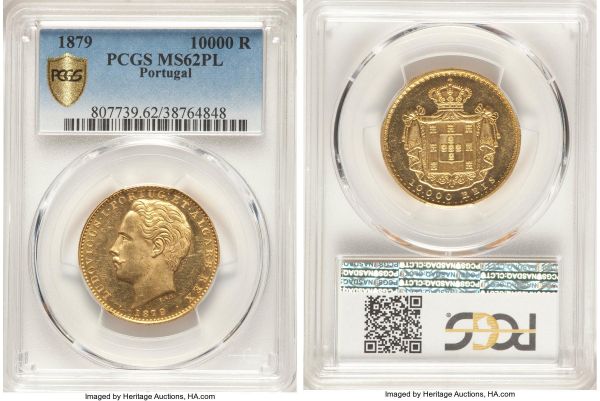 Lot 32717 > Luiz I gold 10000 Reis 1879 MS62 Prooflike PCGS, KM520. A noteworthy designation for this type, unknown in Proof format. AGW 0.5229 oz. 