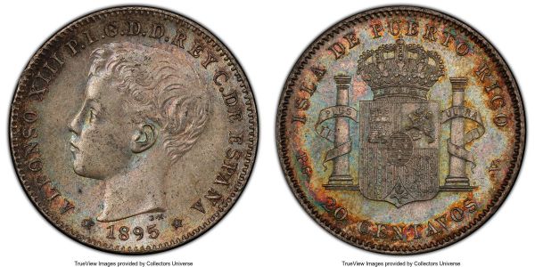 Lot 32718 > Spanish Colony. Alfonso XIII 20 Centavos 1895-PGV MS62 PCGS, Madrid mint, KM22. A coin free of serious visual detractions, struck from lightly polished dies with a pleasing iridescence that intensifies on the reverse. 