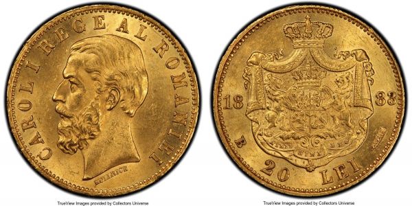 Lot 32719 > Carol I gold 20 Lei 1883-B MS64 PCGS, Bucharest mint, KM20. Stemming from just a two-year series and currently unsurpassed at either NGC or PCGS. 
