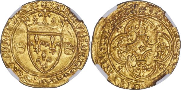 Lot 30272 > Charles (VII), as Dauphin, in the name of Charles VI gold Ecu d'Or a la couronne ND (1418-1422) MS63 NGC, La Rochelle mint, Fr-293, Dup-411. 4.11gm. Crowned arms flanked by two crowns / Floriated cross in quadrilobe. 1st issue (from 11 June 1419). A deceivingly rare type of Charles as Dauphin or heir-apparent, struck solely at the mint of La Rochelle. This is the first we have offered and the sole example graded by NGC, in Mint State condition no less, representing a significant rarity for the collector of medieval French gold. For reference, we note that Olivier Goujon Numismatique sold a similar example in their June 2019 auction for the equivalent of $5013. 