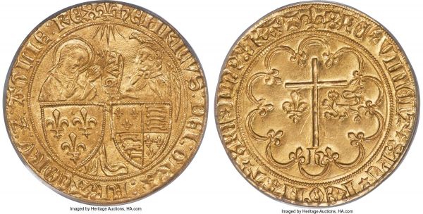 Lot 30273 > Anglo-Gallic. Henry VI (1422-1461) gold Salut d'or ND (1422-1453) MS64 PCGS, Saint-Lo mint, Lis mm, Fr-18, Dup-443A, Elias-271, W&F-387A 2/b. (lis) hЄnRICVS : DЄI : GRΛ : FRΛCORV : Z : ΛGLIЄ : RЄX, the Virgin Mary standing behind the arms of France facing the Archangel Gabriel standing behind the quartered arms of France and England, handing her a scroll bearing AVЄ beneath the light of God / (lis) XPC' * VIИCIT * XPC' * RЄGHΛT * XPC' * IMPЄRΛT, Latin cross above 