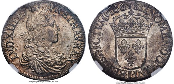 Lot 30274 > Louis XIV Ecu 1663-L MS61 NGC, Bayonne mint, KM211.3, Dav-3802, Gad-205. A conditionally scarce offering in Mint State, the handling kept relatively on the lighter side for the assigned grade, with underlying lustrous fields showing predominantly silver and steel tones. Only a single example seen by NGC certifies finer.