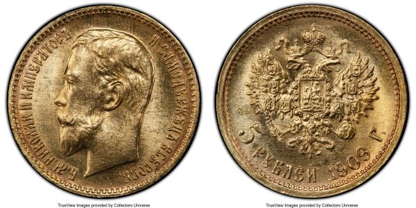 Lot 32748 > Nicholas II gold 5 Roubles 1909-ЭБ MS65 PCGS, St. Petersburg mint, KM-Y62, Bit-34. A scarcer date within the series with full gem appeal. 