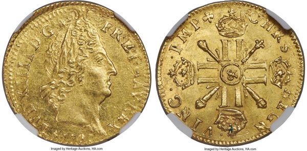 Lot 30275 > Louis XIV gold Louis d'Or 1701-& MS63 NGC, Aix mint, KM334.26, Fr-436, Gad-253. Exceptionally high grade for the type, and overstruck over a prior issue, the remnants of which are visible in some areas around the perimeter.