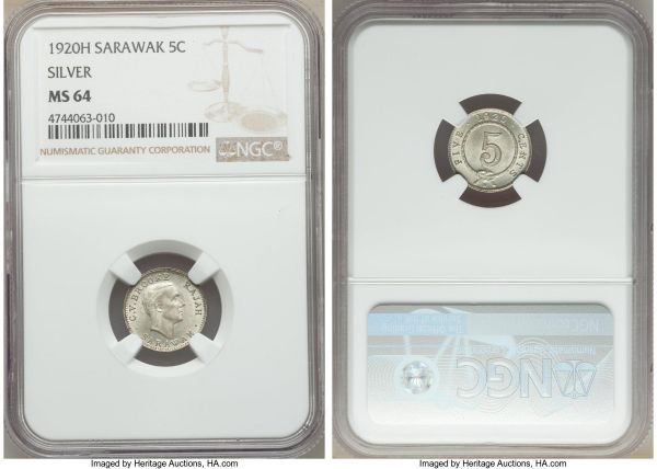 Lot 32759 > British Protectorate. Charles V. Brooke silver 5 Cents 1920-H MS64 NGC, Heaton mint, KM13. Not only a denominational, but a series rarity at this level, with the majority of Sarawak's coinage surviving down to the present day in heavily circulated condition. For comparison, we sold an MS63 for nearly $900 in our 2017 June HKINF sale. 