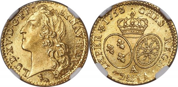 Lot 30276 > Louis XV gold Louis d'Or 1753-A MS66 NGC, Paris mint, KM513.1, Fr-464, Gad-141. A jewel representative of the date and type marked by intensely lustrous surfaces, completely devoid of any meaningful handling and revealing scattered die rust in the fields. One of the most eye appealing examples of the issue that one could hope to encounter, tied for finest certified of the type.