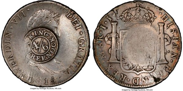 Lot 32760 > Renfrewshire - Greenock. A. King Counterstamped 4 Shillings 6 Pence ND (1820s) XF40 PCGS, KM-CC56, Davis-99. Displaying *A KING GREENOCK around 4/6 counterstamp (AU Detail) on a Ferdinand VII 8 Reales 1815 Mo-JJ of Mexico (cf. KM111). Almost certainly among the finest surviving examples of this rare 'emergency' coinage, with the majority of surviving examples rarely escaping VF and frequently encountering post-mint damage. Counterstamped by local merchants to provide for the incipient shortage of government-issued silver coinage, these types were clearly produced far later than the narrow date range of 1811-1812 proposed by the Standard Catalog of World Coins. 