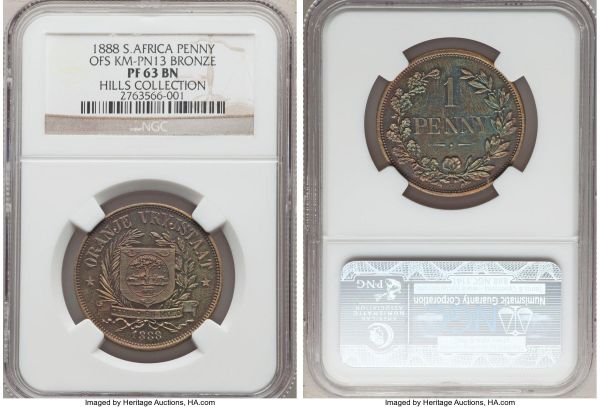 Lot 32762 > Orange Free State. Republic bronze Proof Pattern Penny 1888-V PR63 Brown NGC, Berlin mint, KM-XPn7 (prev. KM-Pn13), Hern-08. Plain shield variety. Overlaid with a soft, yet eye-catching, olive and cobalt patina with a striking Proof appearance and a general absence of stray marks. 