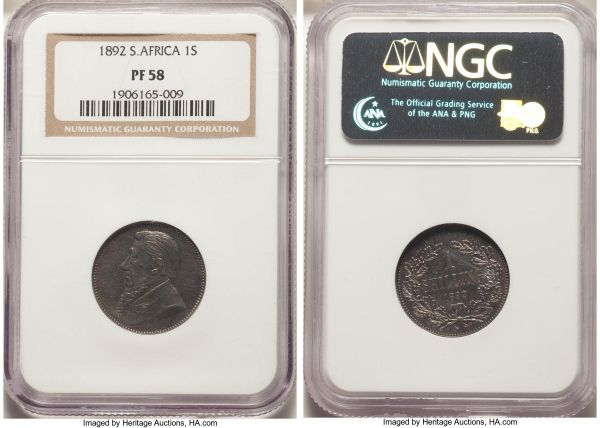 Lot 32763 > Republic Proof Shilling 1892 PR58 NGC, KM5 (40-50 pieces known), Hern-Z17 (estimated 45 pieces known). An extremely elusive Proof striking from this iconic series, and the first we have offered in over 5 years, the surfaces reflective and imbued with a subtle steel patina.