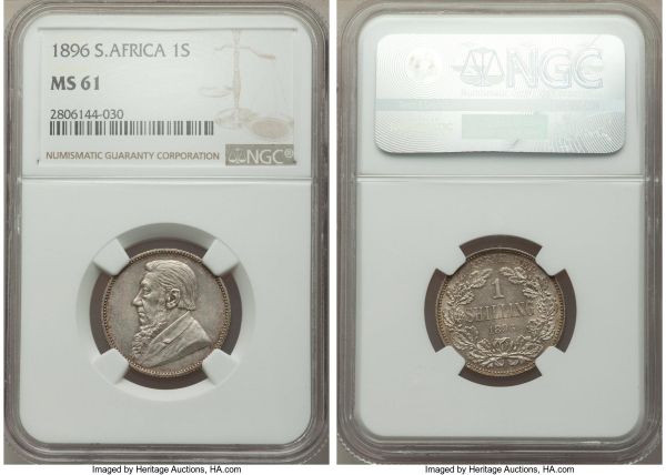 Lot 32764 > Republic Shilling 1896 MS61 NGC, Pretoria mint, KM5. An extremely attractive specimen lightly tinged with peach and sky-blue tone. A considerable conditional rarity so pristine, with the majority of surviving examples seldom escaping the VF to XF range. 