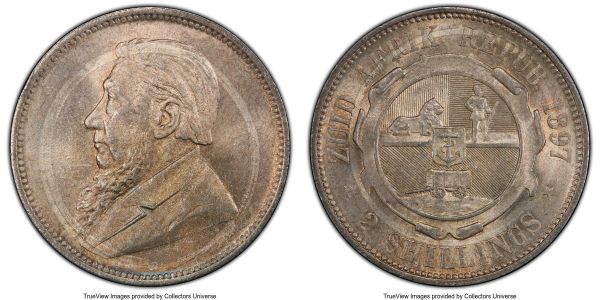 Lot 32765 > Republic 2 Shillings 1897 MS64 PCGS, KM6. A splendid example, currently tied for the finest certified across both NGC and PCGS. 