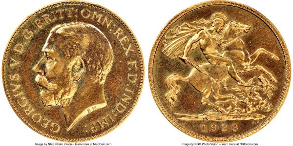 Lot 32776 > George V gold Proof 1/2 Sovereign 1923-SA PR63 NGC, Pretoria mint, KM20, S-4010. Mintage: 655. A very low mintage date, replete with watery texture and only the lightest of wisps to bound the designation. 