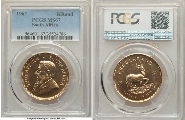 Lot 32778 > Republic gold Krugerrand (1 oz) 1967 MS67 PCGS, KM73, Fr-13. The first year of issue for this widely recognized series. AGW 1.0003 oz. 