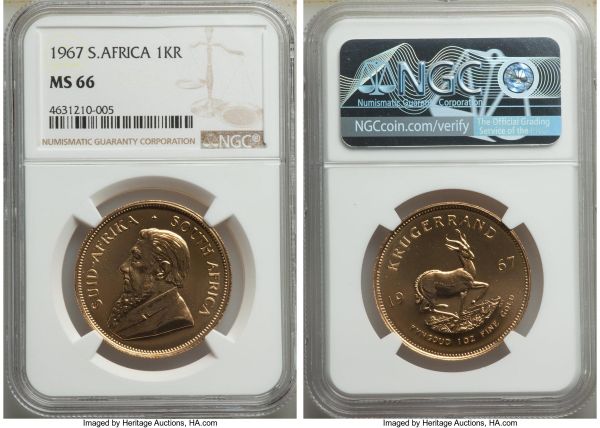 Lot 32779 > Republic gold Krugerrand (1 oz) 1967 MS66 NGC, KM73. The first year of issue for the series. AGW 1.0003 oz. 