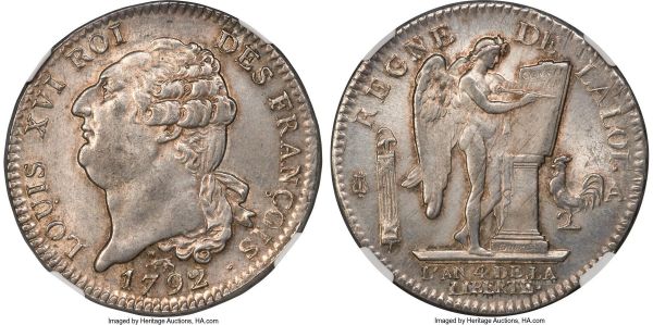 Lot 30278 > Louis XVI Ecu L'An 4 (1792)-A MS63+ NGC, Paris mint, KM615.1, Dav-1335. Very appealing for grade, the design soft on the highpoints as a result of shallow engraving and not wear, the planchet boasting full argent luster and a halo of red-gold surrounding the sharp devices. 