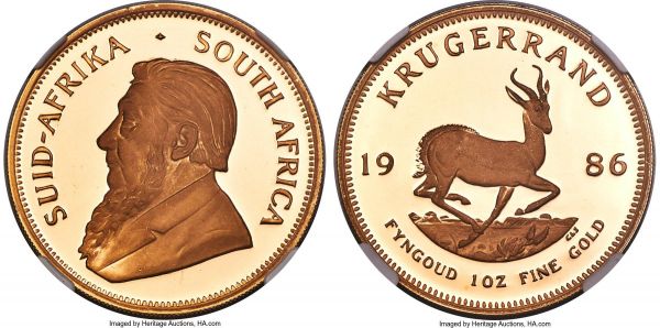 Lot 32781 > Republic gold Proof Krugerrand (1 oz) 1986 PR70 Ultra Cameo NGC, KM73. A flawless example of this nearly universally recognized type, showcasing a complete cameo contrast. 