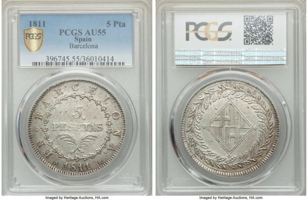 Lot 32782 > Barcelona. Joseph Napoleon 5 Pesetas 1811 AU55 PCGS, KM69, Cay-14707. An exceedingly handsome emission from the Napoleonic era, some minor haymarking over both sides doing little to hamper the coin's strong visual appeal. 