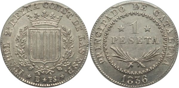 Lot 32783 > Catalonia. Isabel II Peseta 1836 B-PS MS62 PCGS, Barcelona mint, KM129. A conditionally superior example of the type and date, rarely encountered outside of circulated condition. White and lustrous throughout, with a faint silver patina gracing the surfaces. The finest example seen by PCGS to-date.