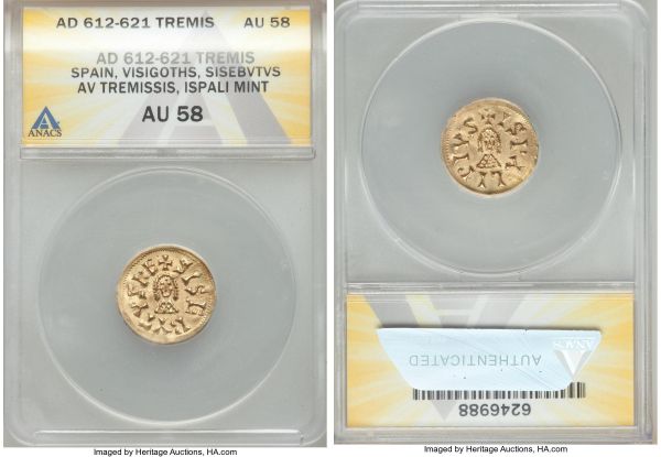 Lot 32784 > Visigoths. Sisebut gold Tremissis ND (612-621) AU58 ANACS, Ispali mint, Miles-187a, CNV-219.6var (without pellets in legend). +SISBVTVS RE, facing bust / +ISPΛLI PIVS, facing bust. Sharply struck from lightly rusty dies, with traces of a very minor bend noted for accuracy. 
