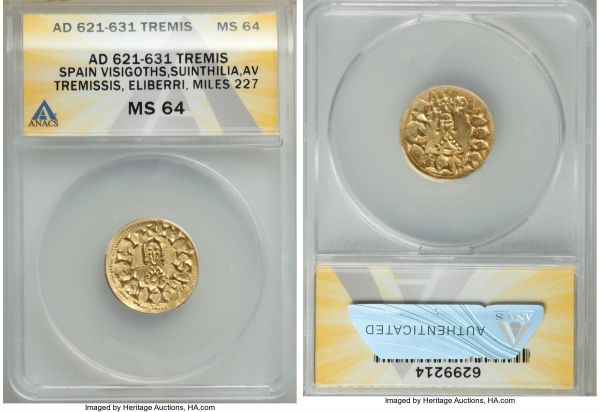 Lot 32785 > Visigoths. Suinthila gold Tremissis ND (621-631) MS64 ANACS,  Eliberri mint, Miles-227f, CNV-288.6. +SVINTII • ΛRI (group of three pellets), facing bust / +PIVS EI • IBERI, facing bust. A virtually unimprovable specimen from this somewhat scarcer mint, seemingly conservatively graded even for its relatively high designation. From the George Hans Cook Collection 
