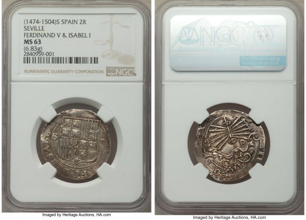 Lot 32786 > Ferdinand & Isabella 2 Reales ND (1474-1504)-S MS63 NGC, Seville mint, Cay-2785, Cal-265. 6.83gm. A issue that is virtually unheard-of in choice, with the present offering, though minorly off-center and unevenly produced, noticeably lustrous and studded with die polish lines. 