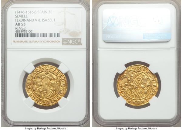 Lot 32787 > Ferdinand & Isabella (1474-1504) gold 2 Excelentes ND (from 1497)-S AU53 NGC, Seville mint, Cal-74, Cay-2931. 6.95gm. :X: FERnAnDUS: ET: ELISABET: DE, confronted busts of Ferdinand and Isabella, S and pellet between, fig leaf above / SVB: VmBRA: ALARVM:, shield of Castile and Leon over nimbate eagle. Struck on a remarkable even and well-made flan for the Seville mint, with intensive die polish on the reverse.  Ex. Kroisos Collection (Stack's January 2008, Lot 3327)