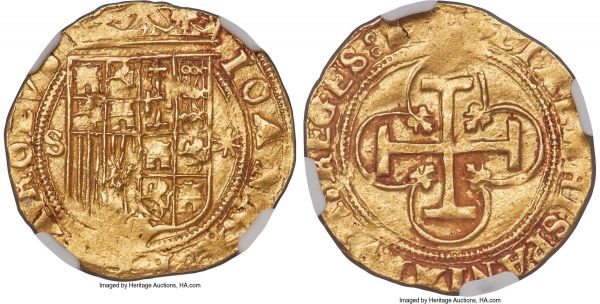 Lot 32788 > Charles & Johanna gold Escudo ND (1516-1556)-S AU58 NGC, Seville mint, Fr-153, Cal-57. 3.24gm. Displaying a nearly as-struck sharpness up to the higher points, the surfaces retaining a good deal of golden luster amidst areas of clay-red patina. 