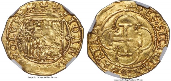 Lot 32789 > Charles & Johanna gold Escudo ND (1516-1556)-S AU53 NGC, Seville mint, Fr-153, Cal-57. 3.32gm. A sheen of golden luster marks the quality of this gold Escudo, whose only minor wear is evident upon closer inspection, slightly obscured by scattered, though not unusual, areas of striking weakness. 