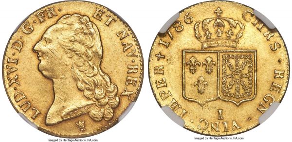 Lot 30279 > Louis XVI gold 2 Louis d'Or 1786-I MS63 NGC, Limoges mint, KM592.7, Gad-363. A charming double Louis d'Or revealing only light instances of adjustment, with satiny luster and a hint of peripheral rose toning confirming its wholly choice condition. Rarely found finer, as confirmed by current the presence of only two more highly graded MS64 examples across both NGC and PCGS combined. 