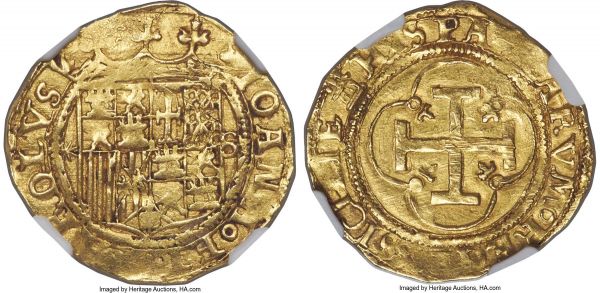 Lot 32790 > Charles & Johanna gold Escudo ND (1516-1555)-S AU Details (Reverse Scratched) NGC, Seville mint, Fr-153, Cal-58. Typically crude for the type, with touches of darker tone within the recesses and a scratch running inside the arm of the reverse cross, though this blends in reasonably well. Despite circulation the offering retains mint luster.