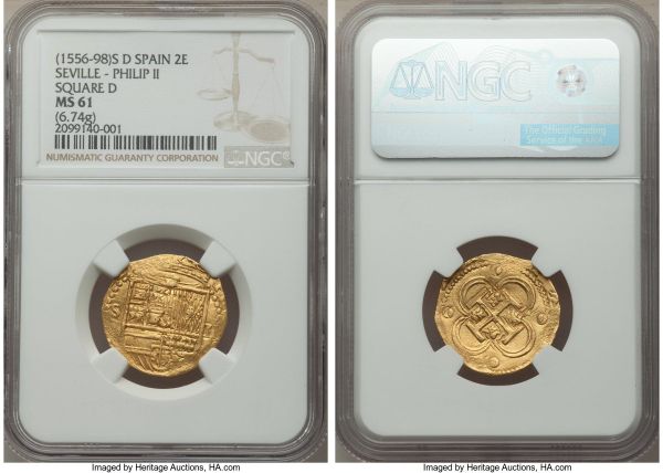 Lot 32791 > Philip II gold Cob 2 Escudos ND (1556-1598) S-D MS61 NGC, Seville mint, Fr-169. 6.74gm. Crowned arms with bold assayer and mintmark on the left / Cross of Jerusalem in quadrilobe. A choice example for the grade of a type already difficult to obtain in Mint State, a tad softly struck but with pleasingly lustrous surfaces and a true antique appearance.