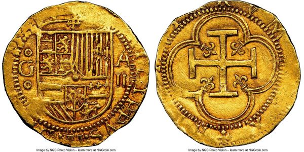 Lot 32792 > Philip II gold Cob 2 Escudos ND (1556-1598) G-A AU58 NGC, Granada mint, Fr-168, Cal-38. 6.71gm. Typically sharp with bold, full designs and almost Mint State level preservation. 