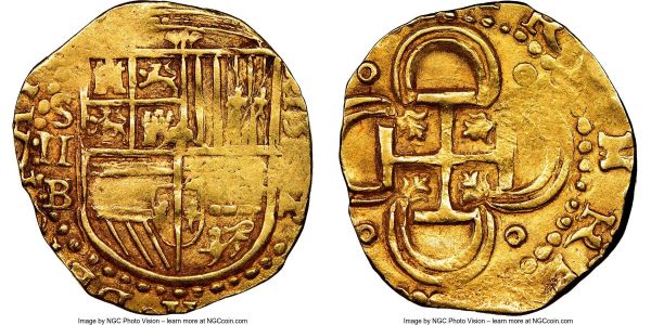 Lot 32793 > Philip II gold Cob 2 Escudos 1592 S-B AU53 NGC, Seville mint, Fr-169, Cal-75. 6.63gm. The last digit in date clear, rarer for this type that usually features an off-center strike, with some central weakness but very little actual wear. Due to the slightly larger planchet, more of the legend survives on this example than is usual for the type. 