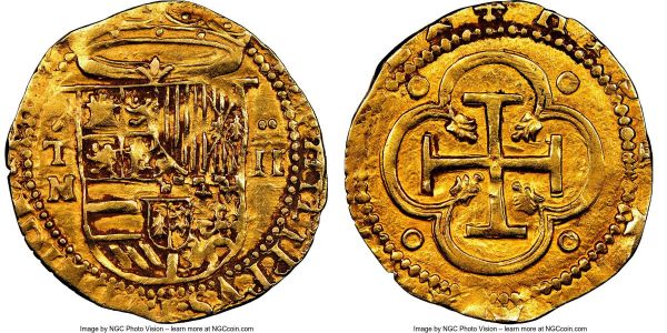 Lot 32794 > Philip II gold Cob 2 Escudos ND (1556-1598) T-M AU53 NGC, Toledo mint, Fr-170, Cal-88. 6.67gm. Exceptionally well struck, a pleasing and wholesome example of the type.