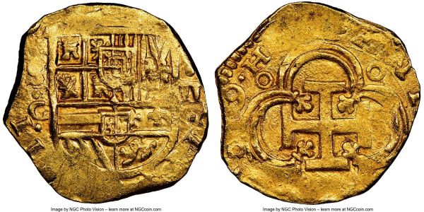 Lot 32795 > Philip III gold Cob 2 Escudos 1619-G MS63 NGC, Seville mint, Fr-189, Cal-48. 6.75gm. Some weakness to the strike (as is obviously typical for this Cob type), otherwise a pleasant Mint State offering with vivid dandelion color to the planchet. 