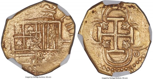 Lot 32796 > Philip III gold Cob 2 Escudos ND (1598-1621) AU55 NGC, Seville mint, KM7. 6.63gm. Struck without the majority of the legends and other non-central detailing, yet admirably lustrous and offering near-Mint appeal. Though the mintmark is not visible, the reverse features point to production at the mint in Seville. 