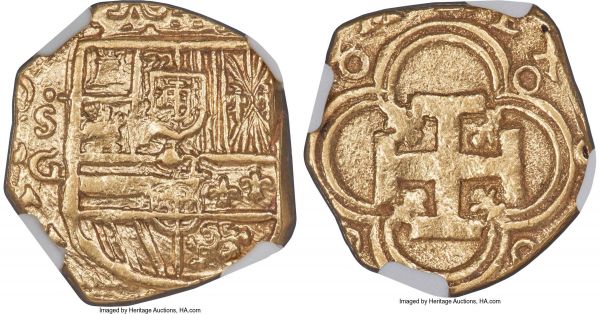 Lot 32797 > Philip III gold Cob 2 Escudos ND (1598-1621) S-G AU53 NGC, Seville mint, Cal-Type 22. 6.70gm. Struck on a sun-gold planchet, the features illuminated by a pervasive brilliance that carries across the entirety of the obverse, the reverse possessing a more crackled though similarly engaging appearance. 