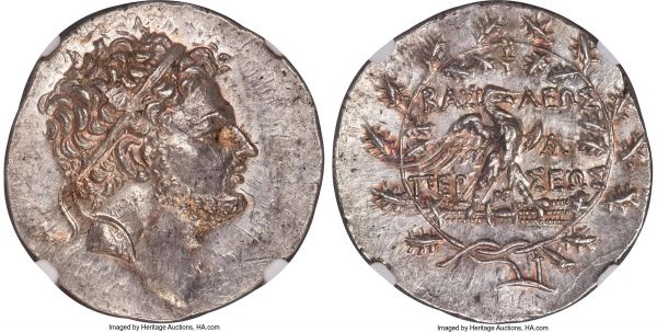Lot 30028 > MACEDONIAN KINGDOM. Perseus (179-168 BC). AR tetradrachm (33mm, 14.88 gm, 12h). NGC MS 5/5 - 4/5. Reduced standard, Pella, ca. 170-168 BC. Diademed head of Perseus right / ΒΑΣΙ-ΛΕΩΣ / ΠΕP-ΣΕΩΣ, eagle standing right on thunderbolt, wings spread; Φ above, AY monogram to right, AN monogram between legs, all within oak wreath, plow right below. Mamroth 24.  Ex Numismatic Fine Arts, Auction XXX (8 December 1992), lot 62