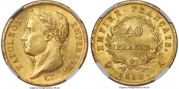 Lot 30280 > Napoleon gold 40 Francs 1812-A MS64 NGC, Paris mint, KM696.1, Gad-1084. An exceptionally high-grade example of this issue, tied with only two others as finest certified by NGC. Set in splendid yellow-gold with radiant cartwheel luster.