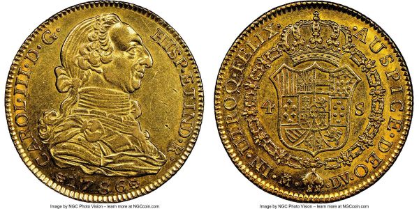 Lot 32802 > Charles III gold 4 Escudos 1786 M-DV AU55 NGC, Madrid mint, KM418.1a. A desirable piece, uniformly pale-yellow and maintaining much mint luster. From a strong and even strike, with only touches of wear on the high points.