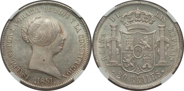 Lot 32804 > Isabel II 20 Reales 1851 MS63 NGC, Madrid mint, KM593.2. Exceedingly handsome both for the type and the grade, the devices appearing very lightly frosted with a strongly watery luster on the reverse. Some minor marks bound the grade, but even these seem relatively inconsequential against the piece's great eye appeal. 